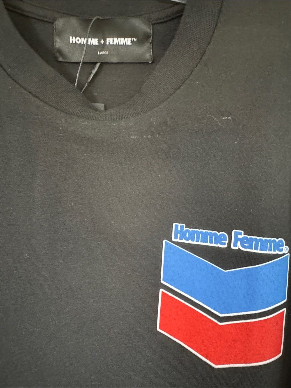 Homme + Femme Black Short Sleeve Tee with Blue & Red Chevron Logo